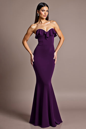 Red Satin Mermaid Strapless Backless Formal Dress