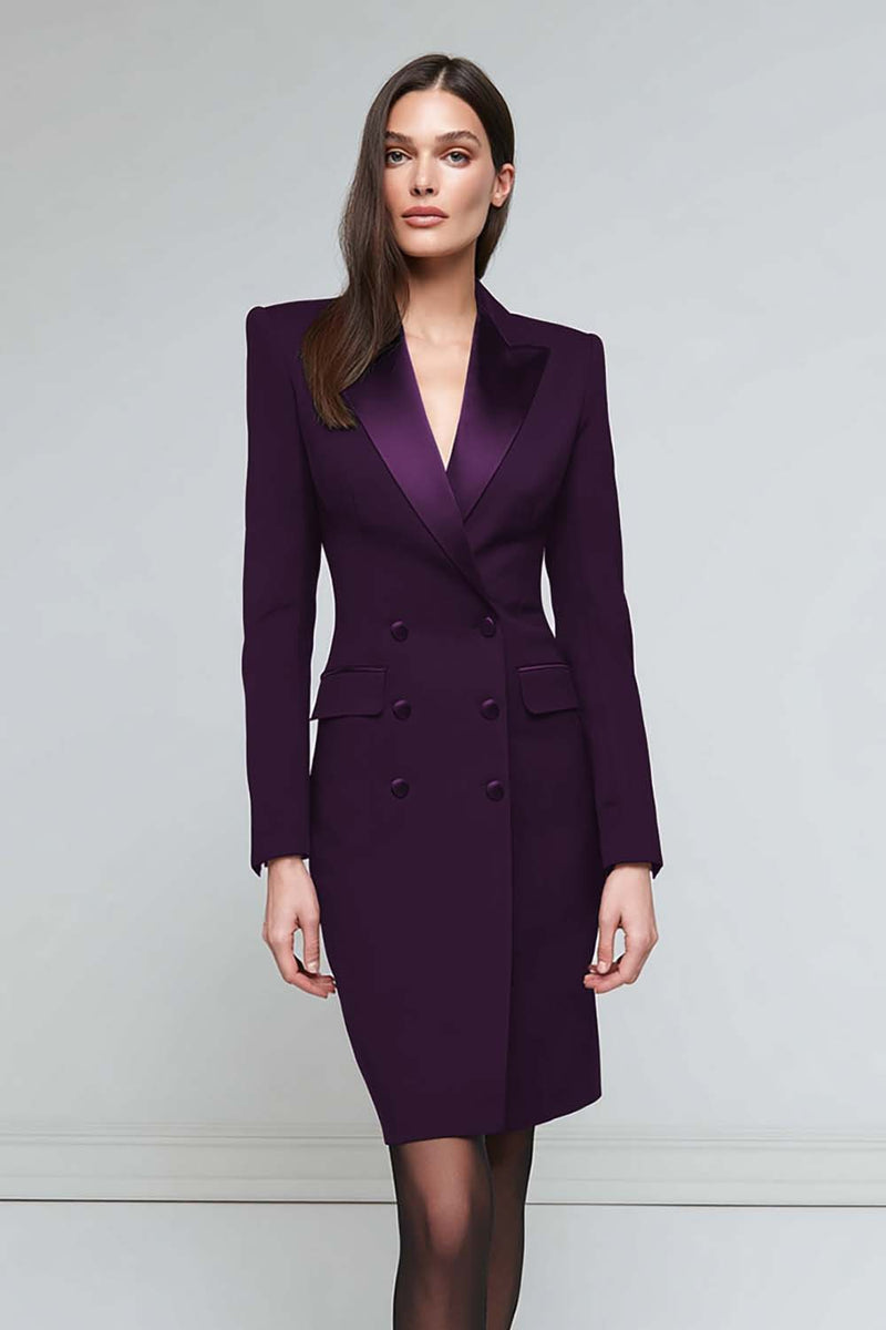 Load image into Gallery viewer, Black Peak Lapel Satin Pencil Double Breasted Midi Blazer Dress with Sleeves