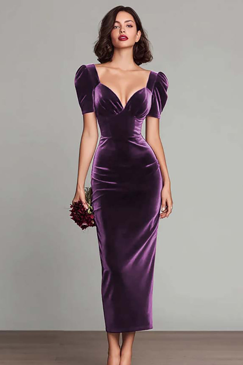 Load image into Gallery viewer, Burgundy Sheath Velvet Long Holiday Party Dress with Sleeves