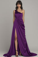Load image into Gallery viewer, Satin Peacock A Line One Shoulder Long Formal Dress with Slit