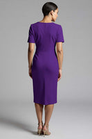 Load image into Gallery viewer, Champagne Bodycon V-Neck Midi Satin Work Dress with Sleeves