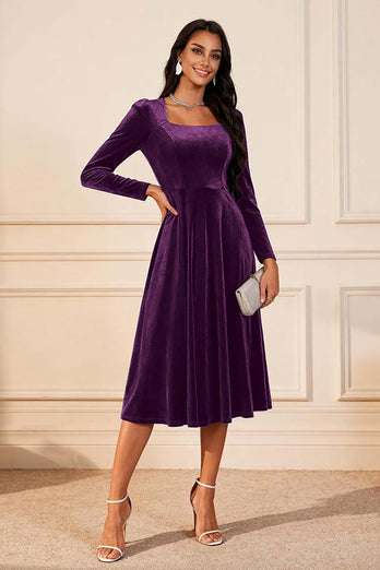 Glitter Dark Green Velvet A Line Midi Holiday Party Dress with Sleeves