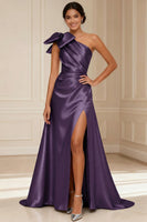 Load image into Gallery viewer, Silver Satin One Shoulder A Line Long Mother of the Bride Dress with Bow