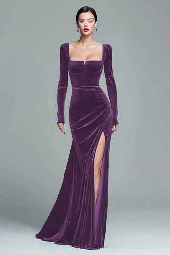 Dark Green Velvet Ruched Square Neck Long Holiday Party Dress with Slit