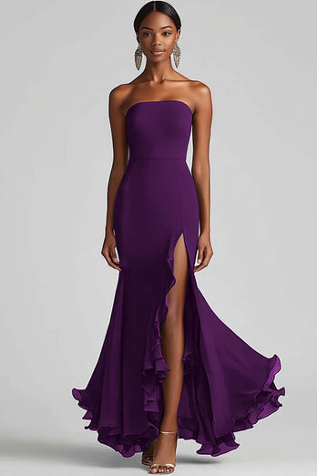Royal Blue Strapless Sheath Long Chiffon Formal Dress with Slit
