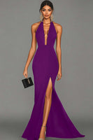 Load image into Gallery viewer, Black Mermaid Satin Halter Long Formal Dress with Slit