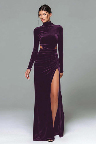 Plum Velvet High Neck Cut Out Long Holiday Party Dress with Slit