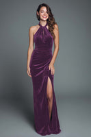 Load image into Gallery viewer, Burgundy Halter Velvet Mermaid Ruched Long Holiday Party Dress with Slit