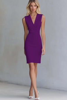 Queendancer Women Lilac Satin Short Work Dress V-Neck Pencil Sleeveless Bodycon Semi Formal Dress
