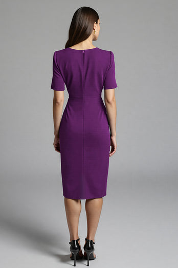 Navy Bodycon Satin V-Neck Midi Work Dress with Sleeves