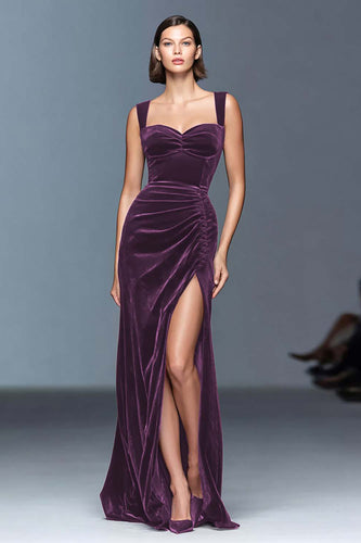 Plum Sheath Ruched Velvet Long Holiday Party Dress with Slit