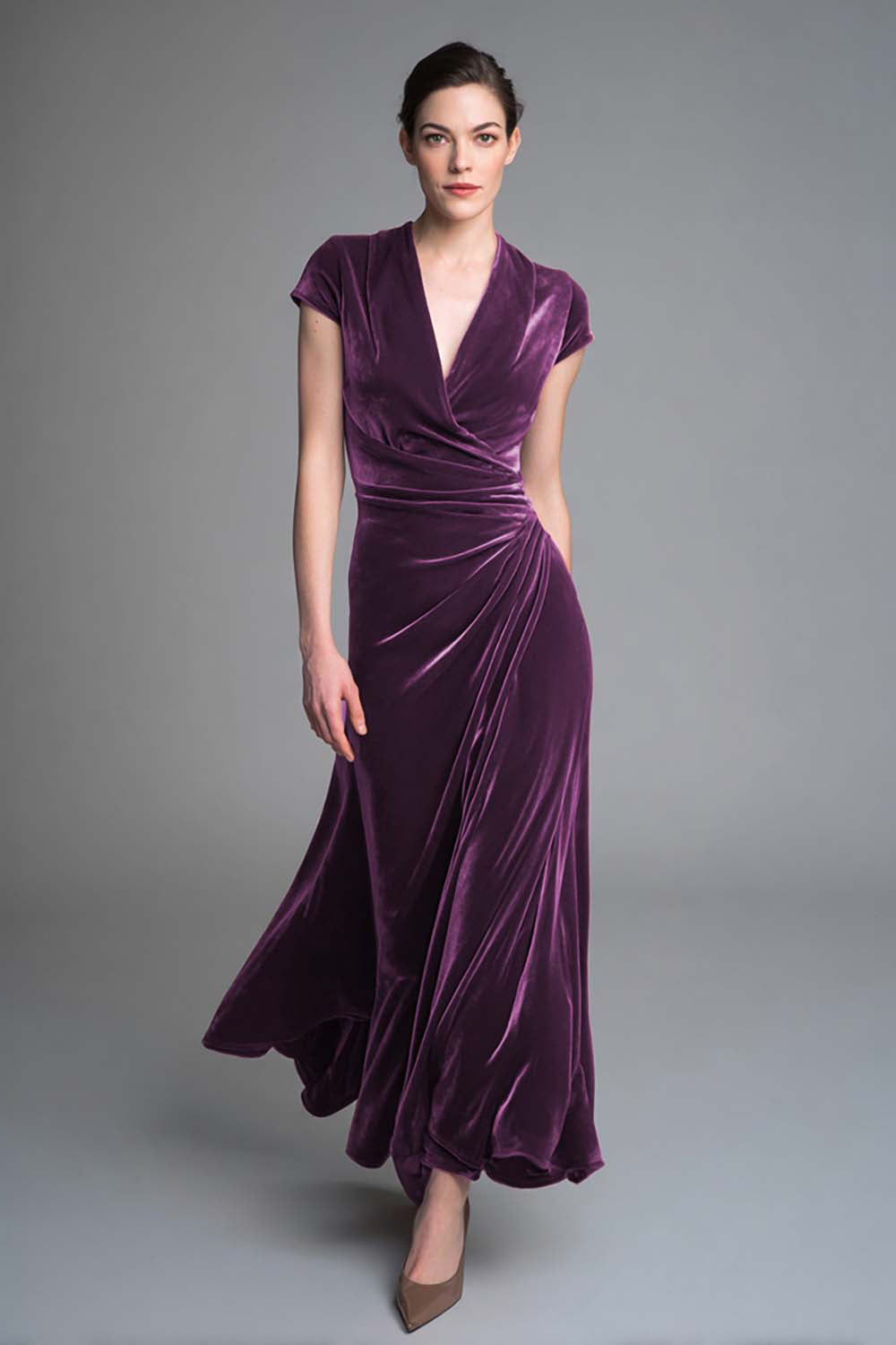 Plum Ruched Velvet V Neck Long Holiday Party Dress with Sleeves
