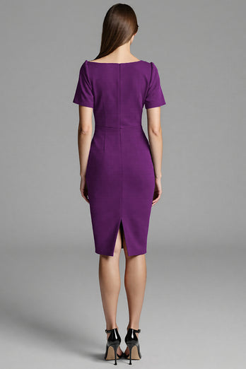 Navy Satin Bodycon Midi Work Dress with Sleeves