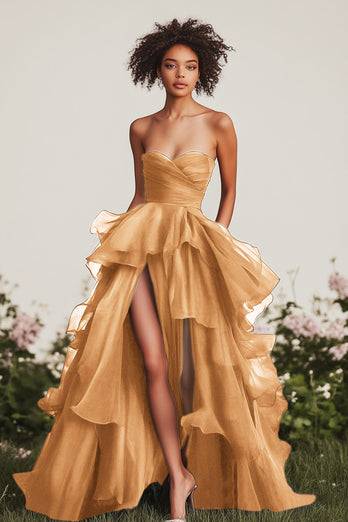 Green Ruched Tiered Strapless Long Formal Dress with Slit