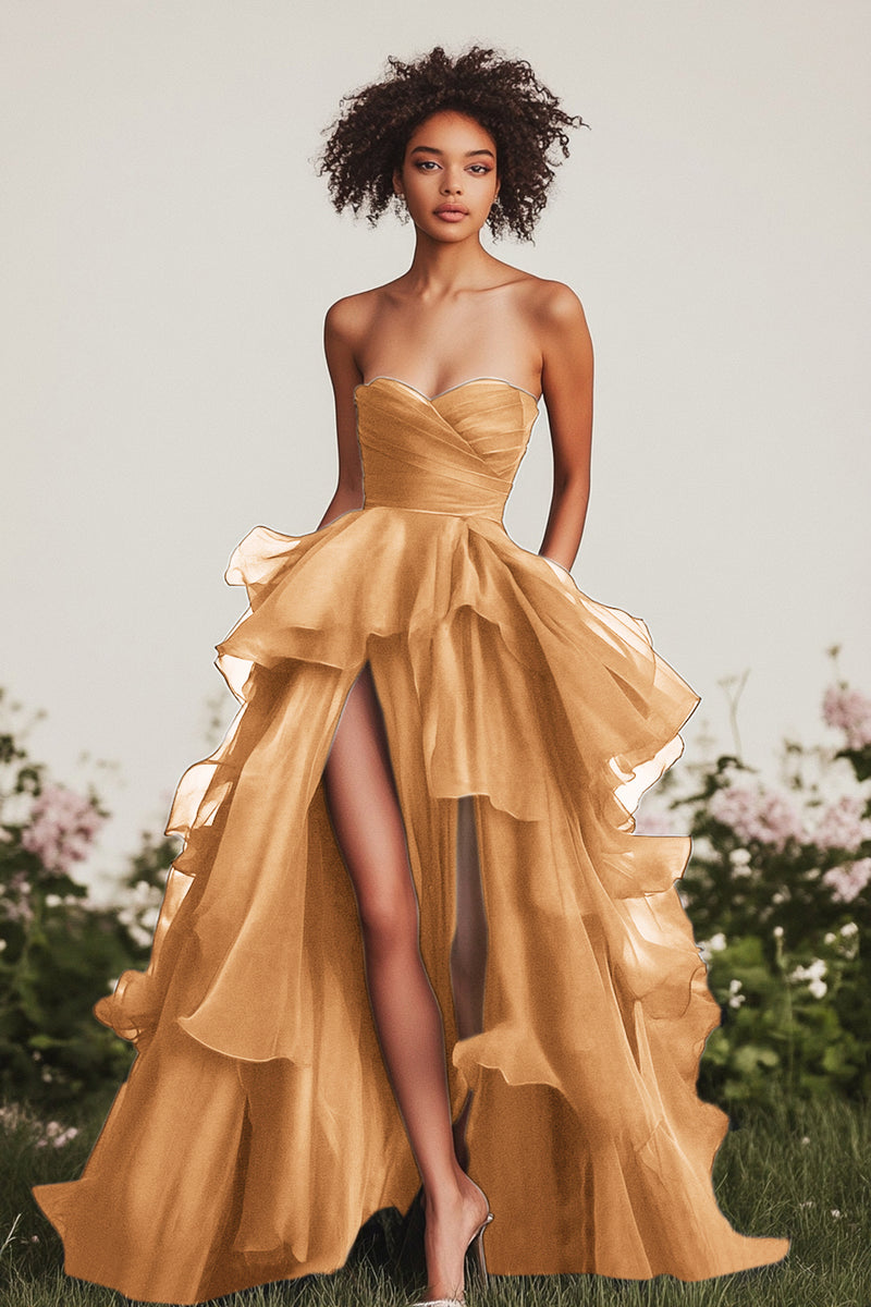 Load image into Gallery viewer, Green Ruched Tiered Strapless Long Formal Dress with Slit