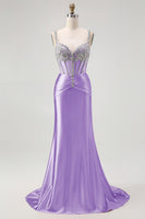 Load image into Gallery viewer, Sparkly Blush Spaghetti Straps Satin Mermaid Beaded Long Corset Prom Dress