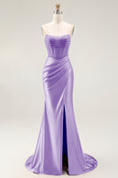 Load image into Gallery viewer, Sparkly Blush Strapless Ruched Mermaid Satin Long Prom Dress with Slit