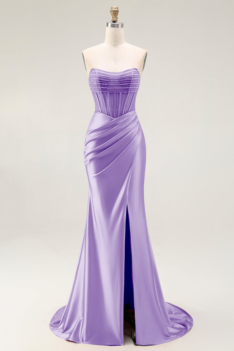 Load image into Gallery viewer, Sparkly Blush Strapless Ruched Mermaid Satin Long Prom Dress with Slit