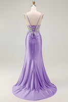 Load image into Gallery viewer, Sparkly Grey Pink Satin Mermaid Ruched Long Corset Prom Dress with Slit