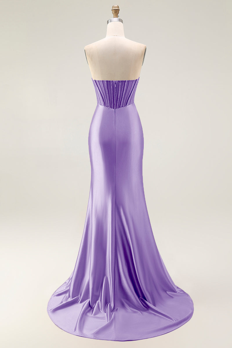 Load image into Gallery viewer, Sparkly Blush Strapless Ruched Mermaid Satin Long Prom Dress with Slit