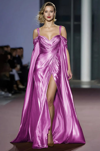 Light Golden A Line Cold Shoulder Metallic Long Gala Dress with Slit