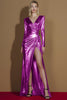 Load image into Gallery viewer, Glitter Golden Metallic Ruched V-Neck Long Sleeves Gala Dress with Slit