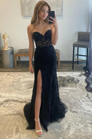 Load image into Gallery viewer, Light Blue Mermaid Sweetheart Appliqued Long Prom Dress with Slit
