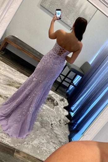 Light Blue Mermaid Sweetheart Appliqued Long Prom Dress with Slit