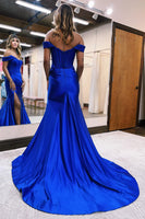 Load image into Gallery viewer, Royal Blue Mermaid Off The Shoulder Court Train Long Prom Dress With Split