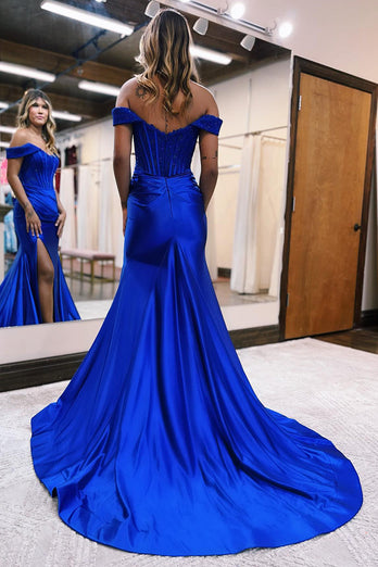 Royal Blue Mermaid Off The Shoulder Court Train Long Prom Dress With Split