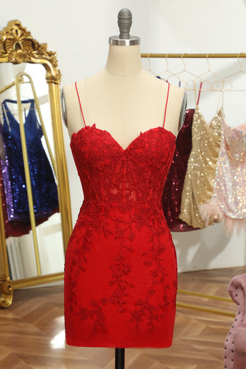 Pink Spaghetti Straps Bodycon Homecoming Dress with Appliques