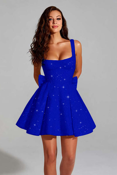 Sparkly Royal Blue A Line Square Neck Sequins Short Homecoming Dress with Bow