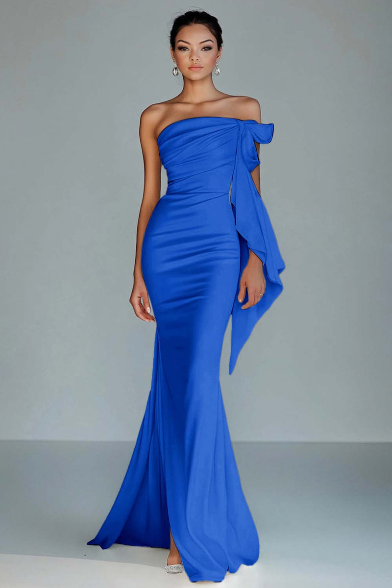 Load image into Gallery viewer, Black Strapless Sheath Satin Long Formal Dress with Slit