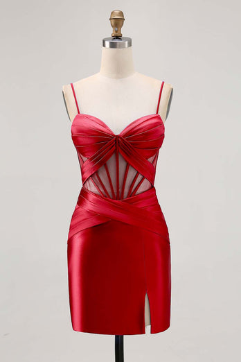 Grey Blue Satin Corset Ruched Tight Short Homecoming Dress with Slit