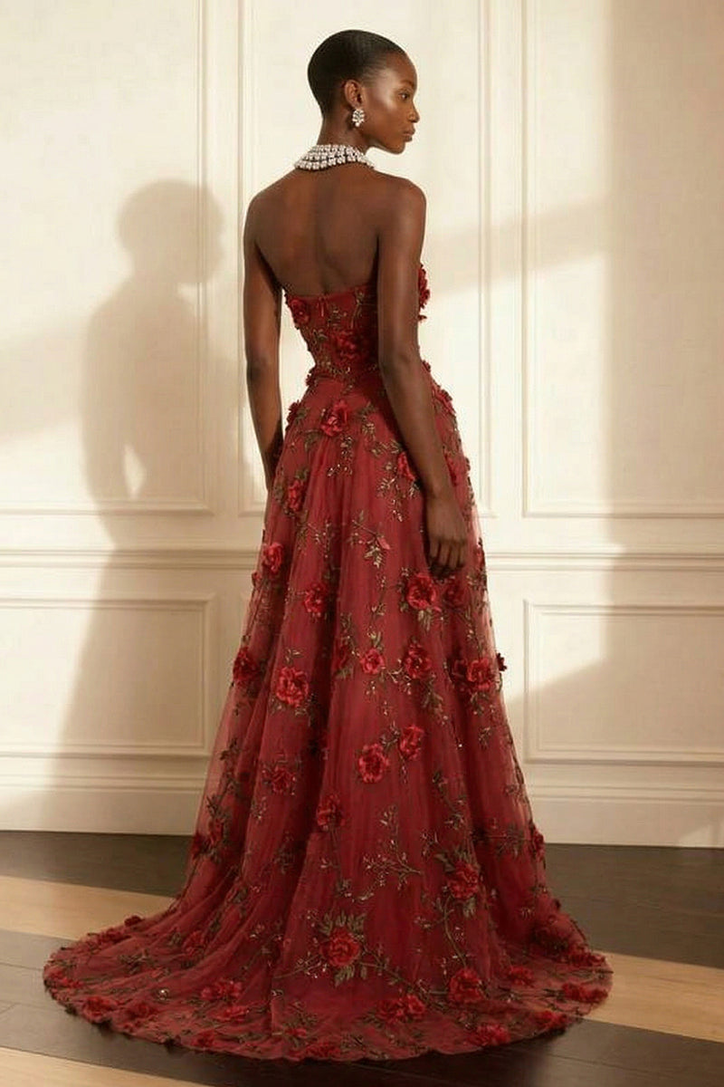 Load image into Gallery viewer, Floral Purple Strapless A Line Long Corset Prom Dress