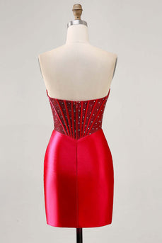 Sparkly Red Strapless Short Tight Corset Satin Homecoming Dress