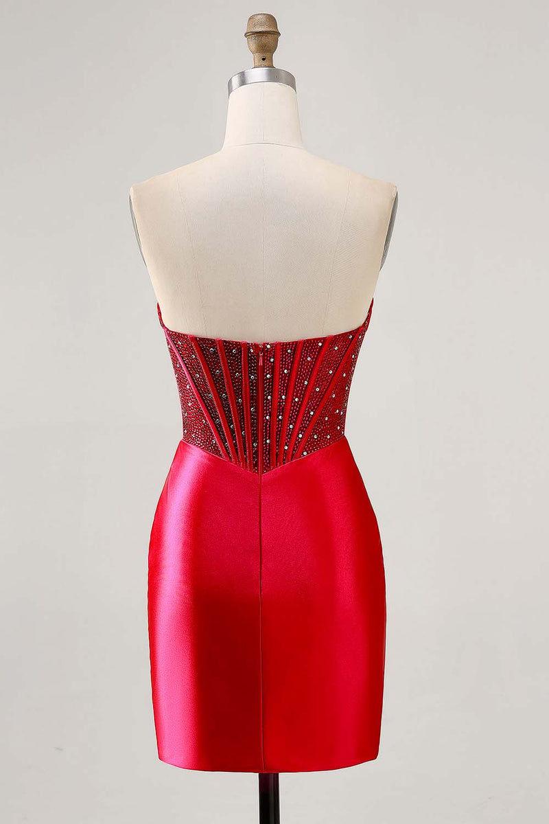 Load image into Gallery viewer, Sparkly Red Strapless Short Tight Corset Satin Homecoming Dress