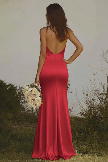 Dusty Rose Satin Halter Sheath Long Bridesmaid Dress