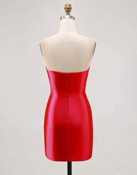 Red Satin Strapless Tight Short Homecoming Dress with Rhinestones