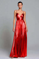 Load image into Gallery viewer, Sparkly Gold Pleated A-Line Metallic Spaghetti Straps Long Formal Dress