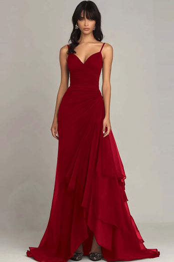 Ink Blue Spaghetti Straps Ruched Chiffon Long Formal Dress with Ruffles