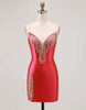 Load image into Gallery viewer, Red Satin Strapless Tight Short Homecoming Dress with Rhinestones