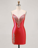 Load image into Gallery viewer, Red Satin Strapless Tight Short Homecoming Dress with Rhinestones