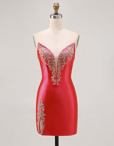 Red Satin Strapless Tight Short Homecoming Dress with Rhinestones