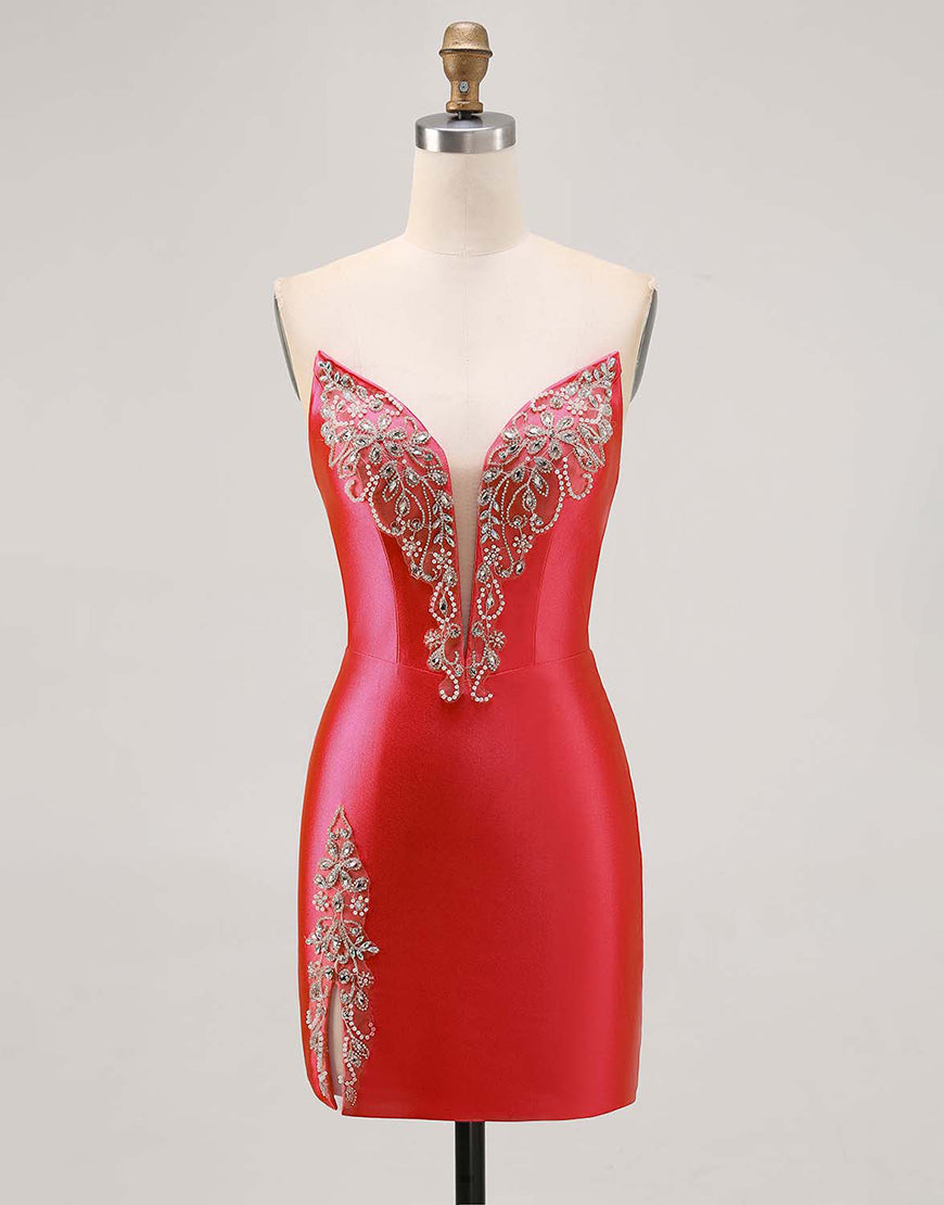 Load image into Gallery viewer, Red Satin Strapless Tight Short Homecoming Dress with Rhinestones
