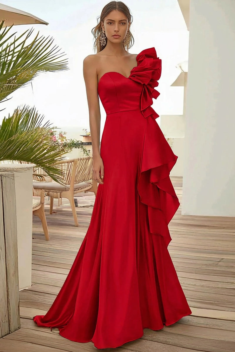 Load image into Gallery viewer, Black Satin One Shoulder A Line Long Prom Dress with Ruffles