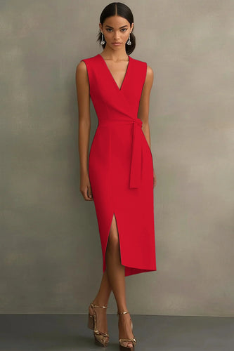 Red Bodycon Satin Tie Front Mid-Calf Work Dress with Slit