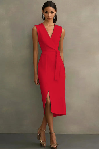 Red Bodycon Satin Tie Front Mid-Calf Work Dress with Slit