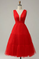 Load image into Gallery viewer, Red A Line Deep V Neck Tea Length Prom Dress