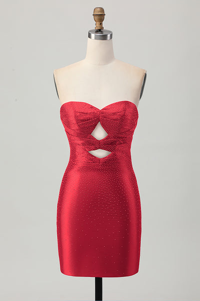 Sparkly Red Sweetheart Keyhole Beaded Tight Short Homecoming Dress